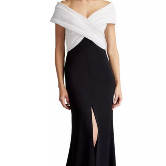 Tadashi Shoji Black Ivory Portrait Neck Taffeta Gown